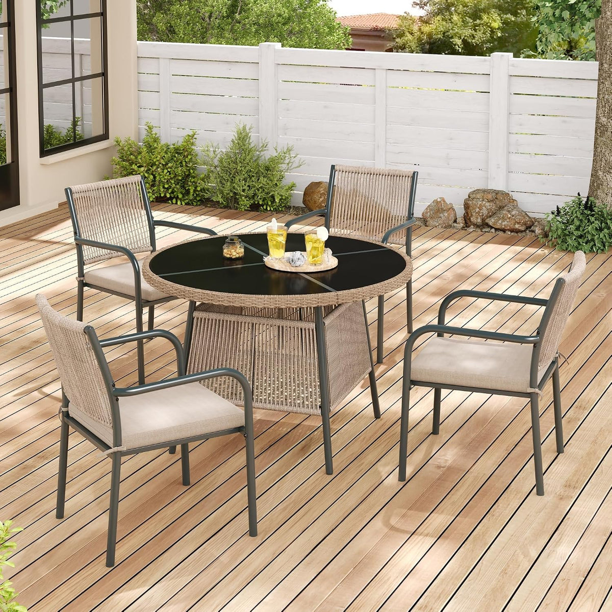 luckdect Salon de jardin, Ensemble de Bistrot pour Jardin en Fonte Aluminium, 4 Chaises et 1 Table Ronde, verre, Rotin Set de 5 pcs