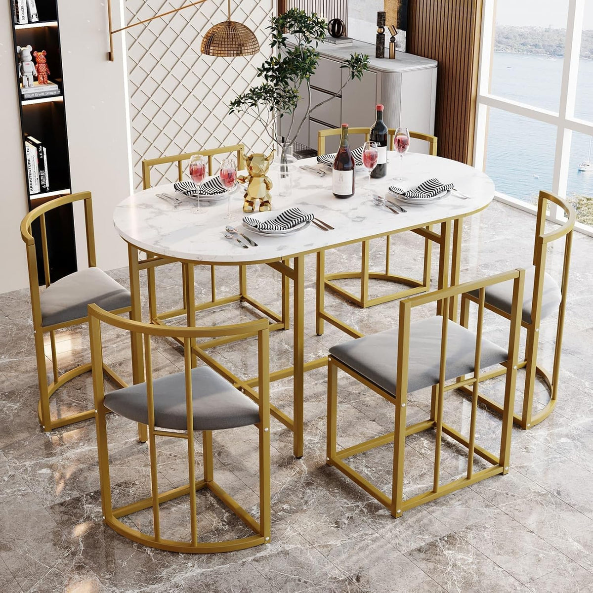 KOMHTOM Ensemble pour salle à manger, Encastrable Table de Salle à Manger avec 6 chaises, Chaise avec Dossier et Coussin, Doré