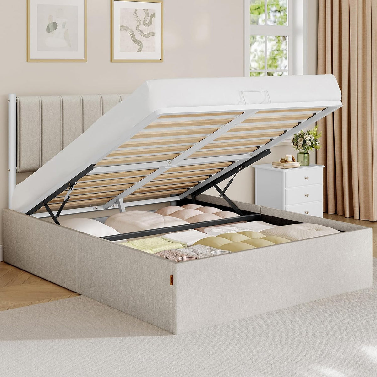 Lit, 140 × 190 cm, avec Rangement, VASAGLE, 31, 7 cm, 65 cm, Sommier Relevable
