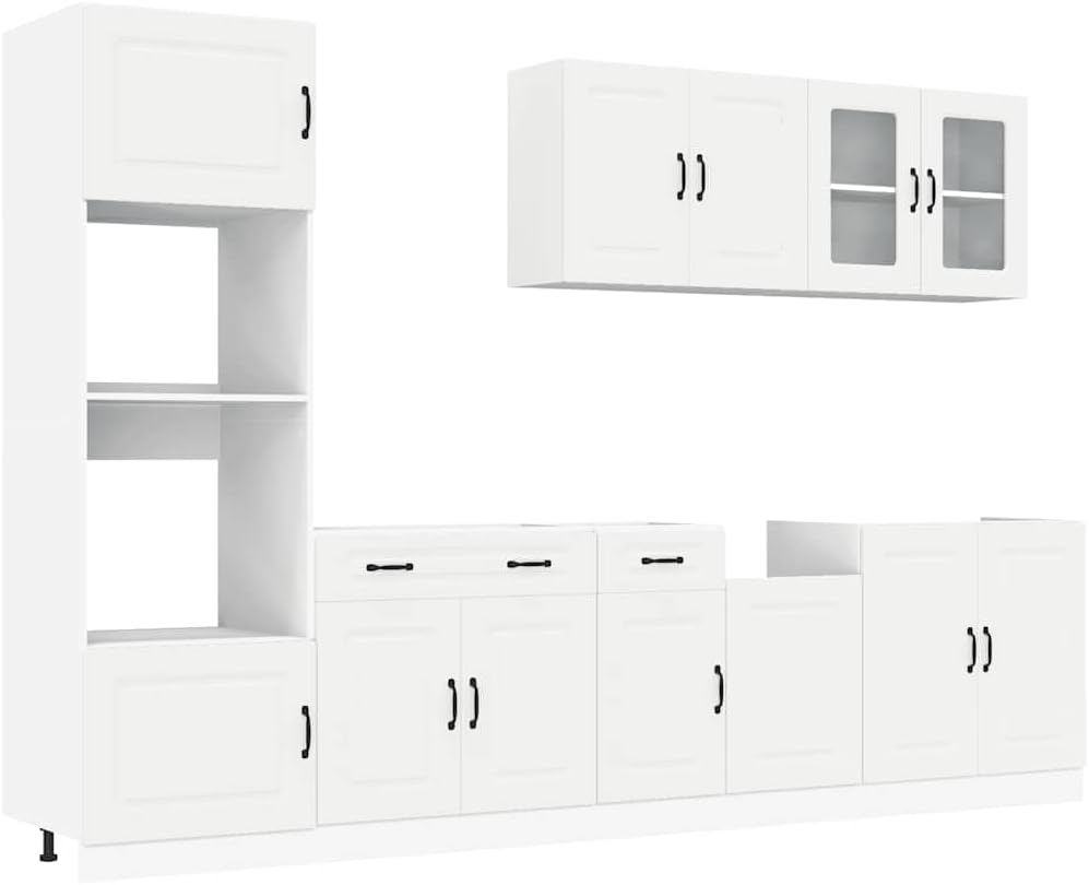 Rangement sur pied, Ensemble d'armoires Cuisine 7pcs Kalmar Blanc Bois d'ingénierie, réglable, vidaXL, verre