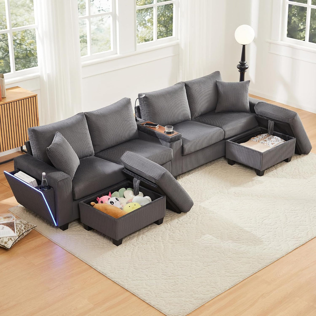 Canapé Yihomfy 334x128 5x81, 334 × 128.5 × 81 cm, télécommande, éclairage LED, Ports USB/Type-C, Lampe de Lecture et Rangements