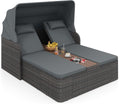 COSTWAY Bain de soleil, Canapé Lit Extérieur pour Piscine Terrasse, Chaise Longue à 2 Places en Rotin avec Auvent Rétractable, Gris