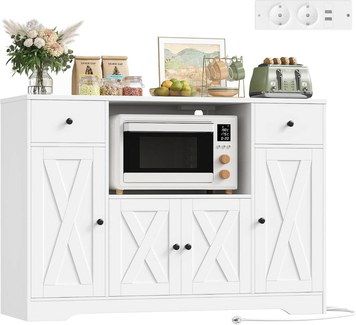 Four micro-ondes, réglable, 120 × 40 cm, Buffet Cuisine, HOCSOK, 120 cm, 4 portes, 2 tiroirs, 2 étagères, Meuble Micro-Ondes
