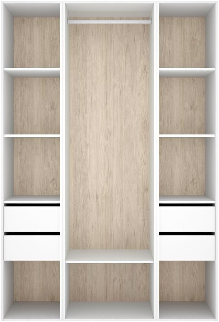 Armoire PEGANE, penderie avec Tringle, 45 cm, 4 tiroirs, 7 étagères, étagères et 4 tiroirs, Hauteur 205 x Longueur 137.5 x Profondeur 45