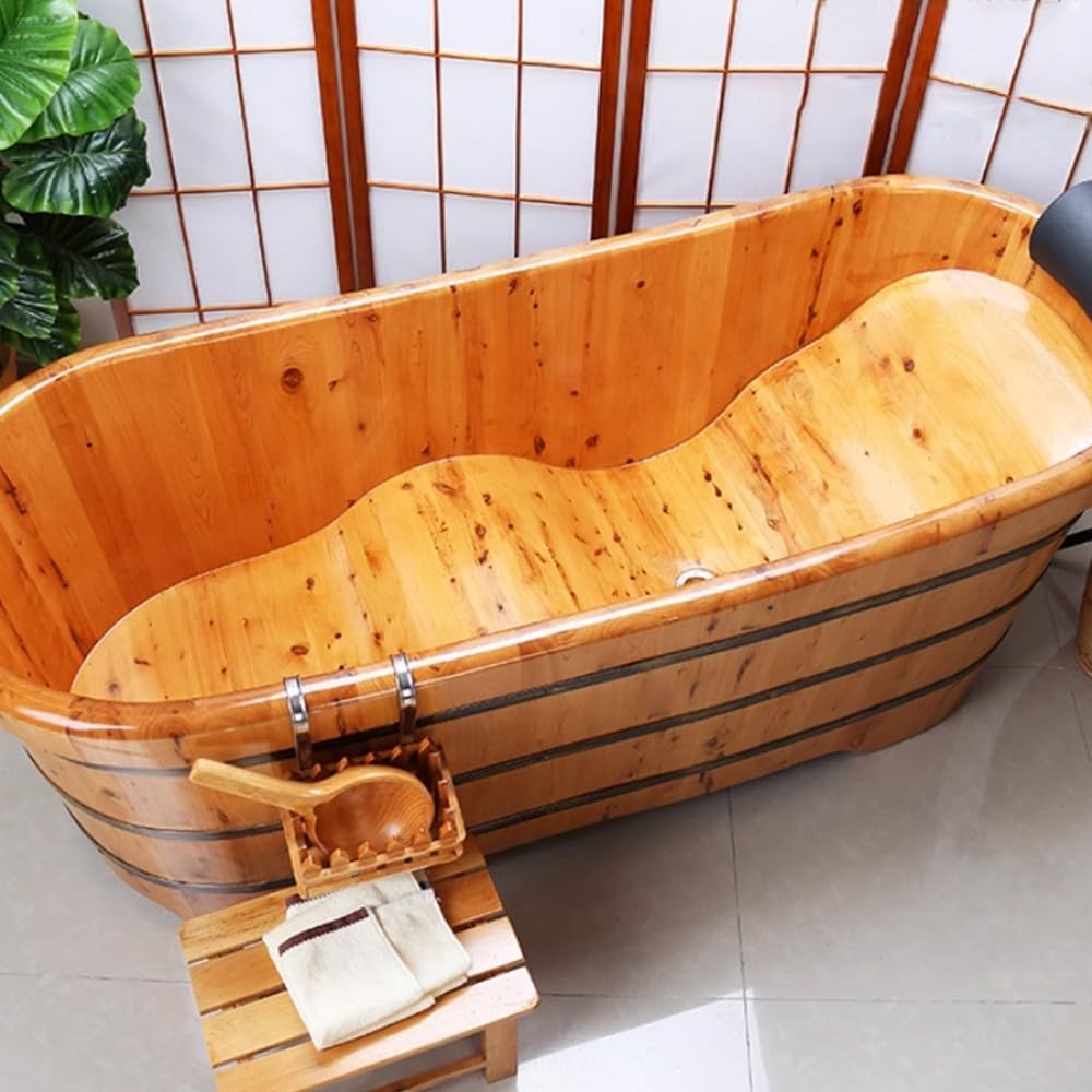 Qcesorib Baignoire de Trempage en Bois, Baignoire Trempage avec Appui-Tête, Baignoire en Bois Orientale, 1.3 × 0.62 × 0.65 m, 1 panier