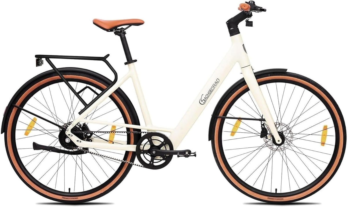 SachsenRAD Vélo, 28 Pouces Blanc Marbre, VAE Urbain Haute Performance avec Mode S et Assistance par IA, Ultra Léger 16kg