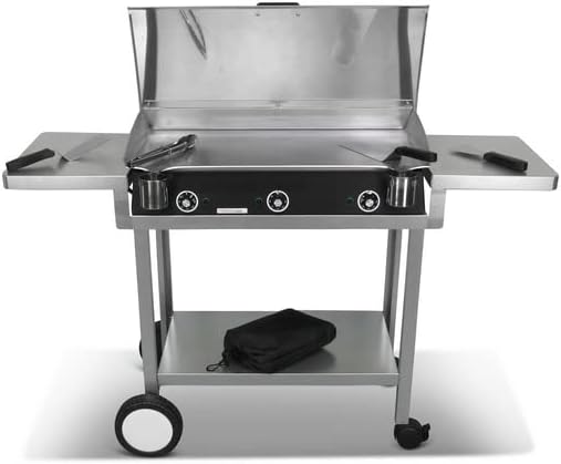 Plancha, acier inoxydable, réglable, L83 X P45 X H20 cm, Planchaelec, 3600W, 2 zones, 3 Thermostats Réglables, Chariot Monceau + Accessoires