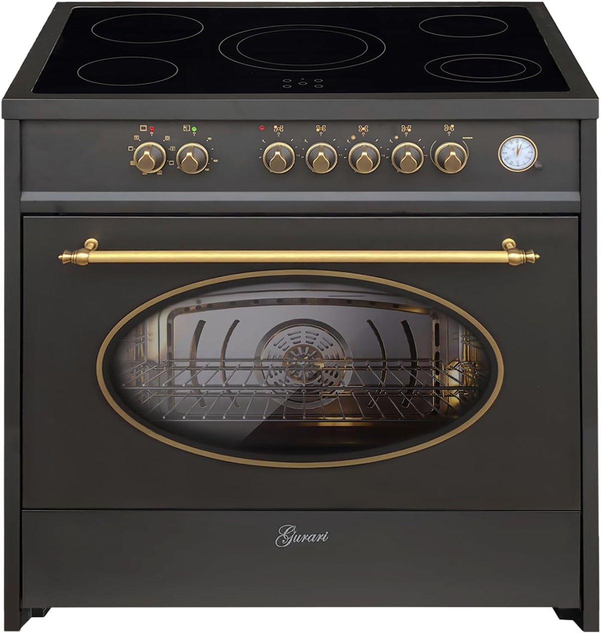 Cuisinière, éclairage LED, 90 cm, Gurari, 121 L, 61, 5 × 90 × 94 cm, 275 mm, 5 zones, chaleur tournante, fonction gril, minuterie