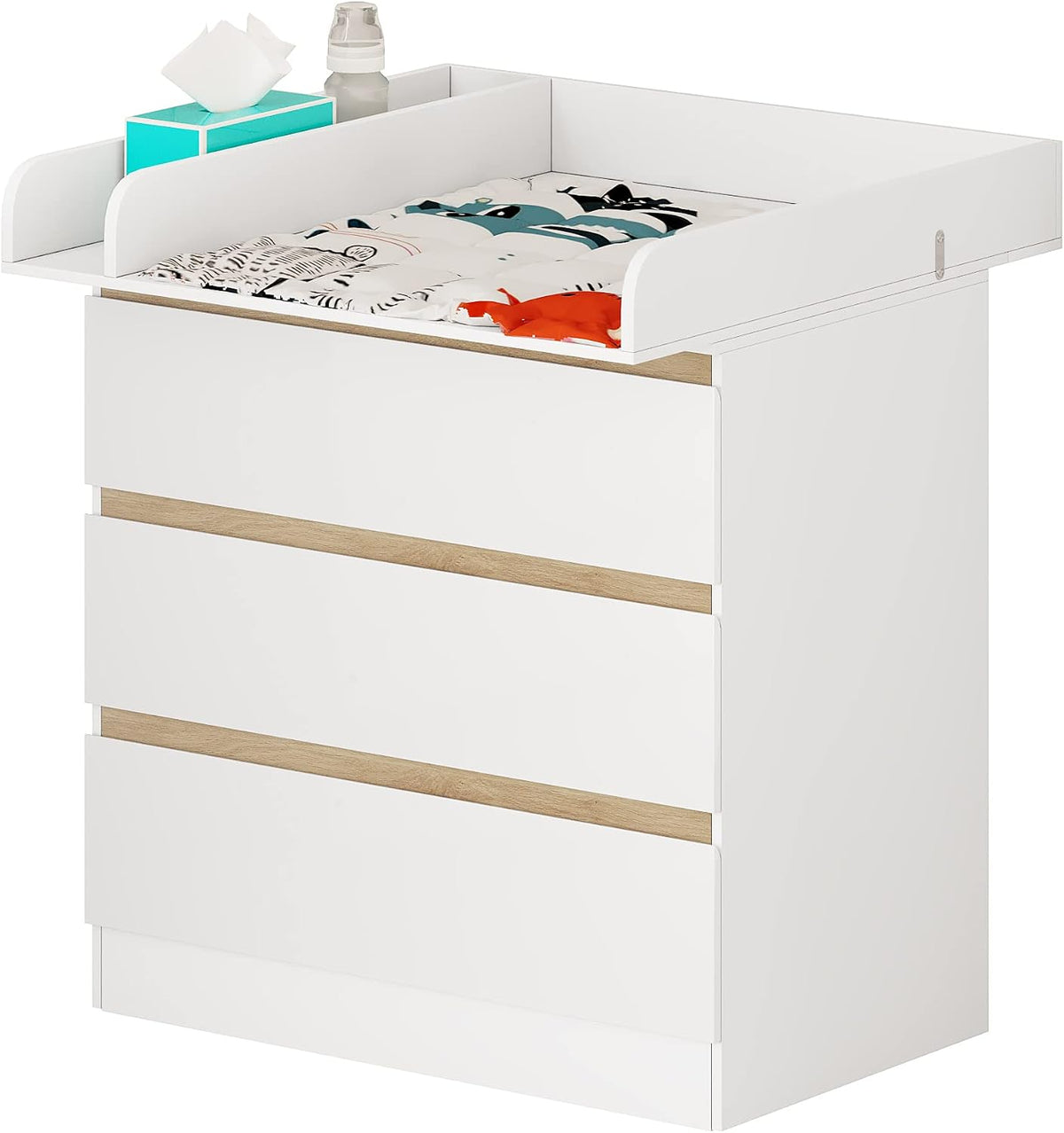 Table à langer, 8, 5 cm, en MDF et en Bois d'Ingénierie, Ensemble Meuble à Langer pour Bébé, WOLTU, 40 × 80 × 78cm, 3 Tiroirs, 86cm, 2 zones