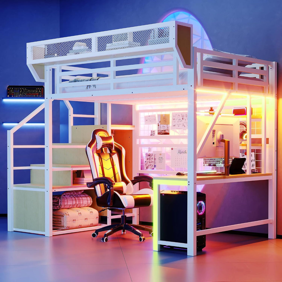Cadre de lit, Lit Mezzanine Enfant en métal 140 × 200 cm avec Bureau, Sapgaks, éclairage LED, LED et Prise électrique, A-Blanc
