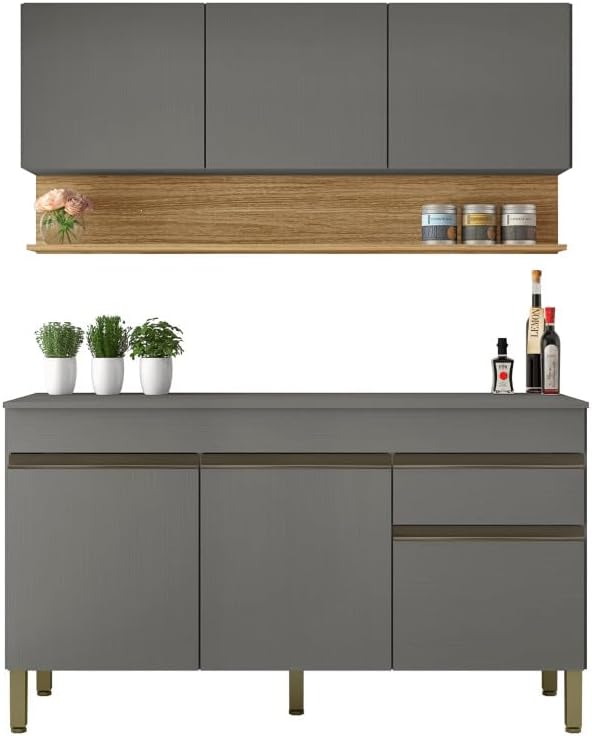 ACTUAL DIFFUSION Rangement sur pied, réglable, Cuisine Equipée 6 Portes 1 Tiroir Chêne et Gris L 150 H 200 P 53.3 cm, 150 cm, 200 cm, 86 cm