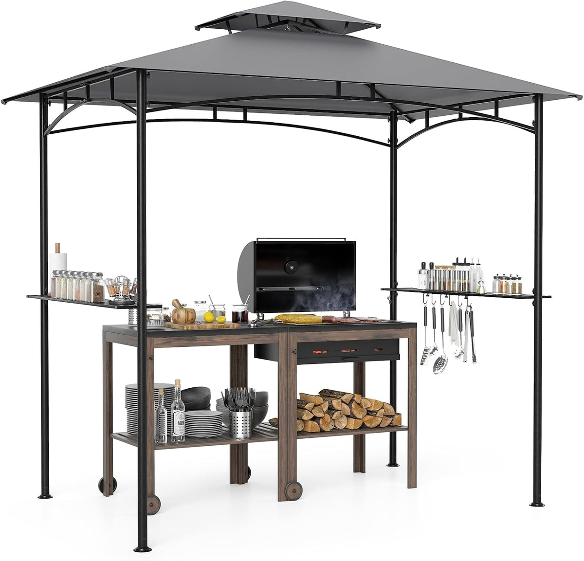 Tonnelle HOMASIS, 242 × 150 × 250 cm, pergola pour extérieur, 2 étagères, 2 tables et crochets, gris