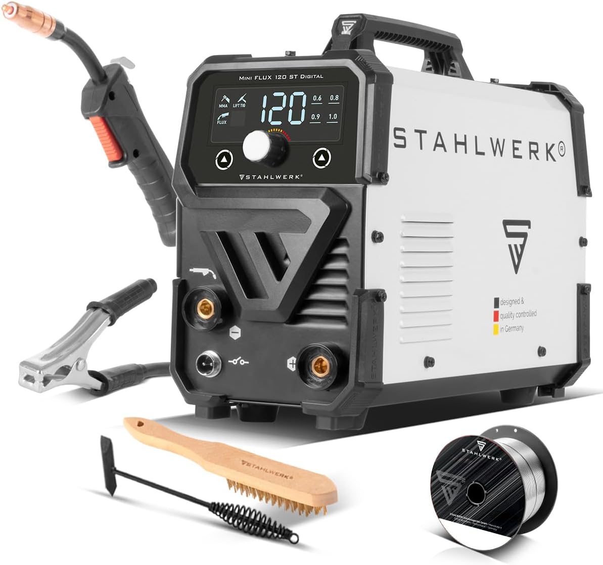 Équipement pour soudage MIG, sans gaz jusqu'à 120 A, STAHLWERK, Poste à souder Mini FLUX 120 ST Digital, éclairage LED, moteur Inverter