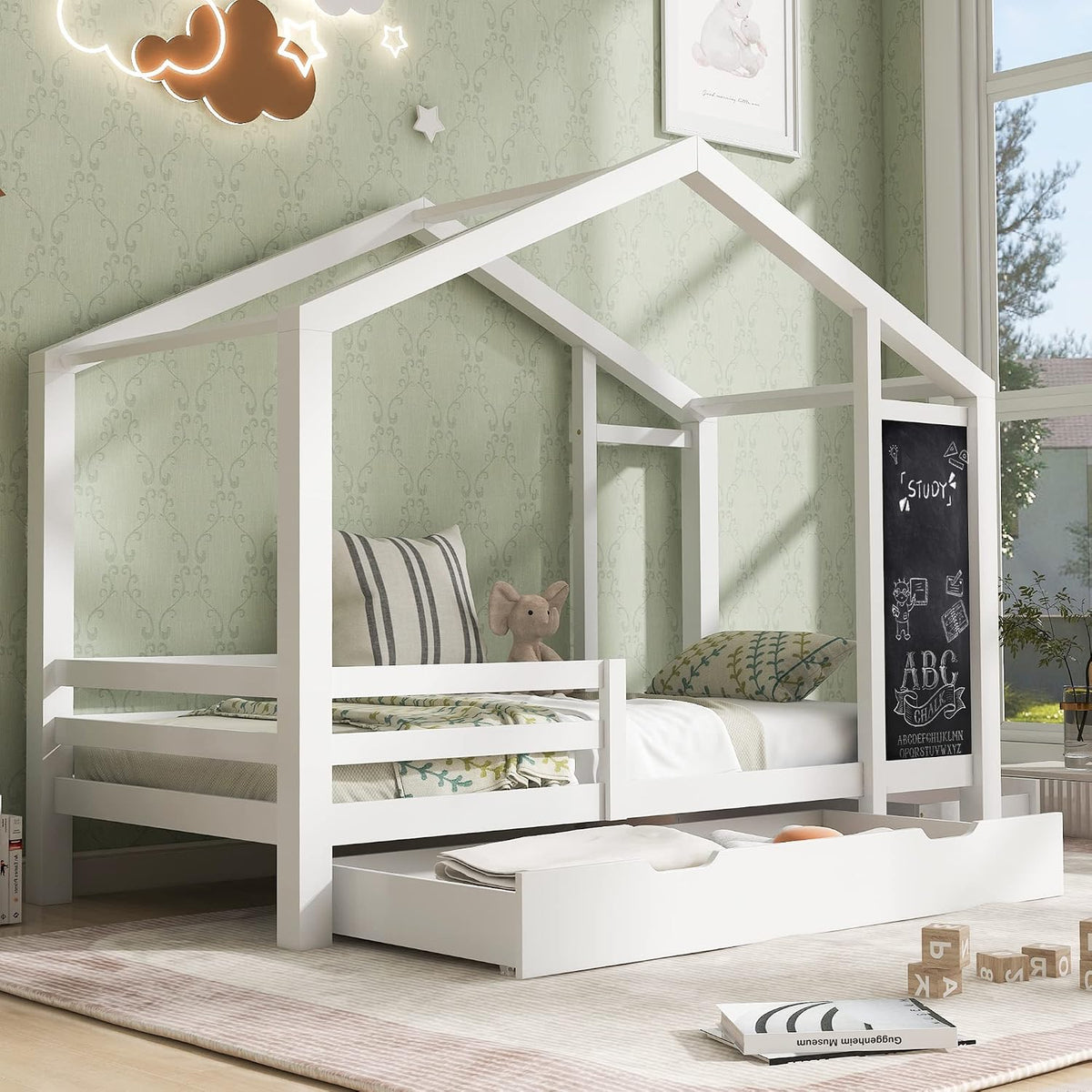 Lit ModernLuxe 90x200, 90 × 200 cm, sans Matelas, 84 × 39 cm, 150 × 67 × 17 cm, 86 × 45 × 17 cm, 177 × 207, 5 × 96 cm, 2 tiroirs, Blanc