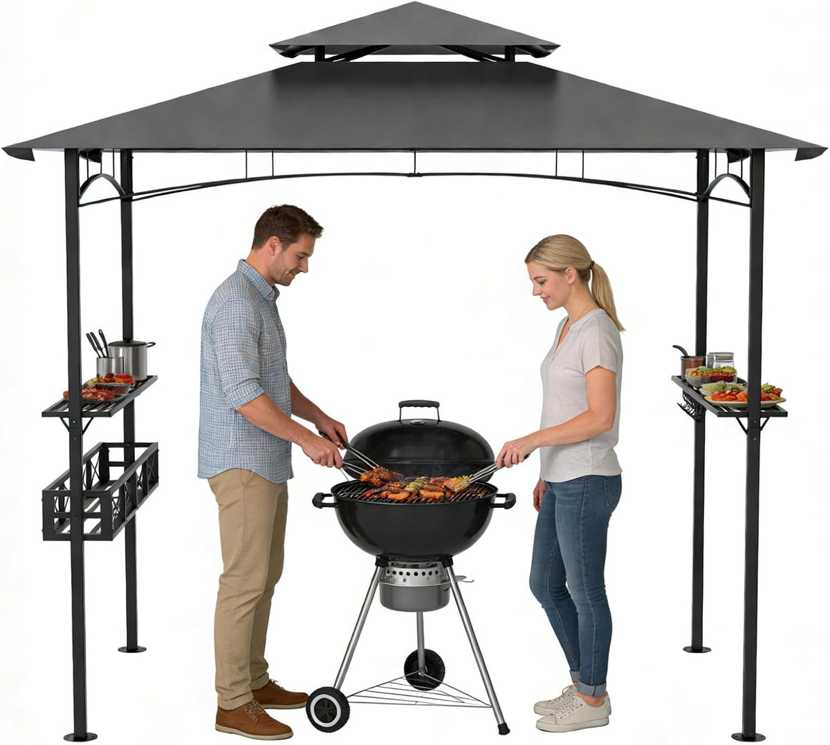 Tonnelle, 245 × 153 × 250cm, Pergola Gazebo pour Grill Jardin Fêtes Patio, Ferzone, 197cm, 2 étagères, Gris, fonction gril