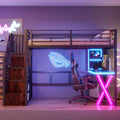 Cadre de lit, lit Mezzanine avec Bureau et Armoire de Rangement Ouverte et Plusieurs étagères, Lit Mezzanine 1 Place avec LED, Zepneiy
