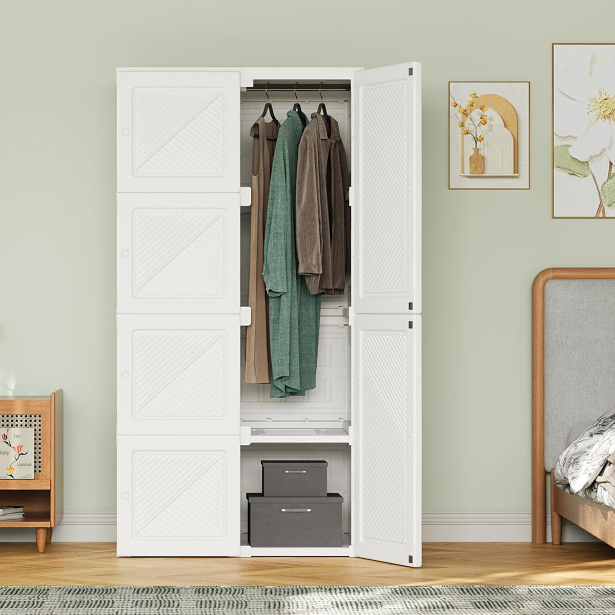 Armoire QMTXBYJ, Penderie Pliable en Plastique avec 6 Portes et 1 Tringle à vêtements, 136 × 69 × 50 cm, Blanc