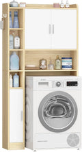 Meuble colonnes Hzuaneri, réglable, 91 × 61.5 cm, Blanc-Bois Nature, 3 niveaux, 5 étagères, 4 étagères, Meuble Machine à Laver