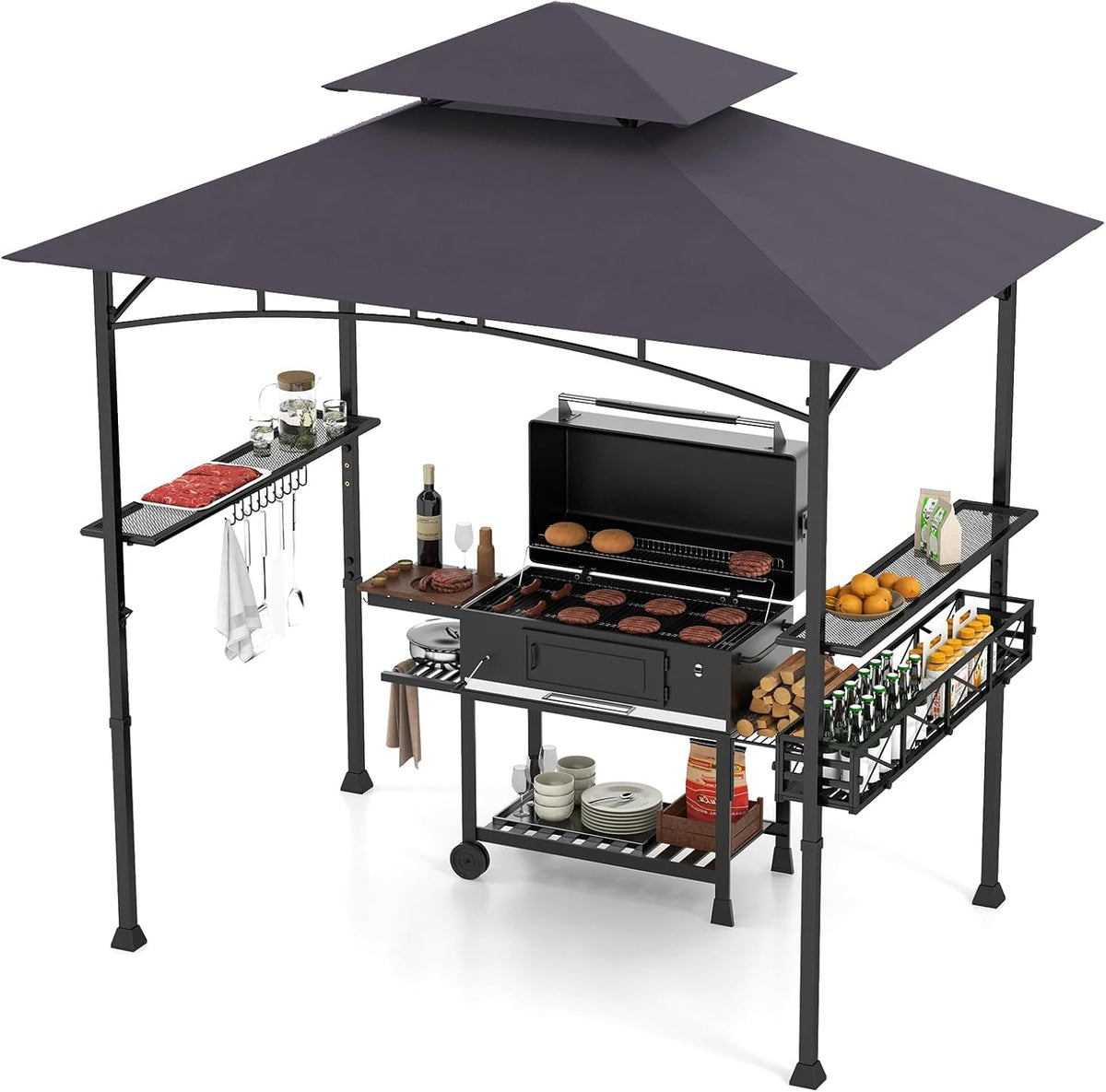 Tonnelle HOMASIS, Gazebo Barbecue avec Double Toit, 2 étagères, Pergola de Réception Résistant aux Intempéries pour Jardin, 2 Tables, Gris foncé
