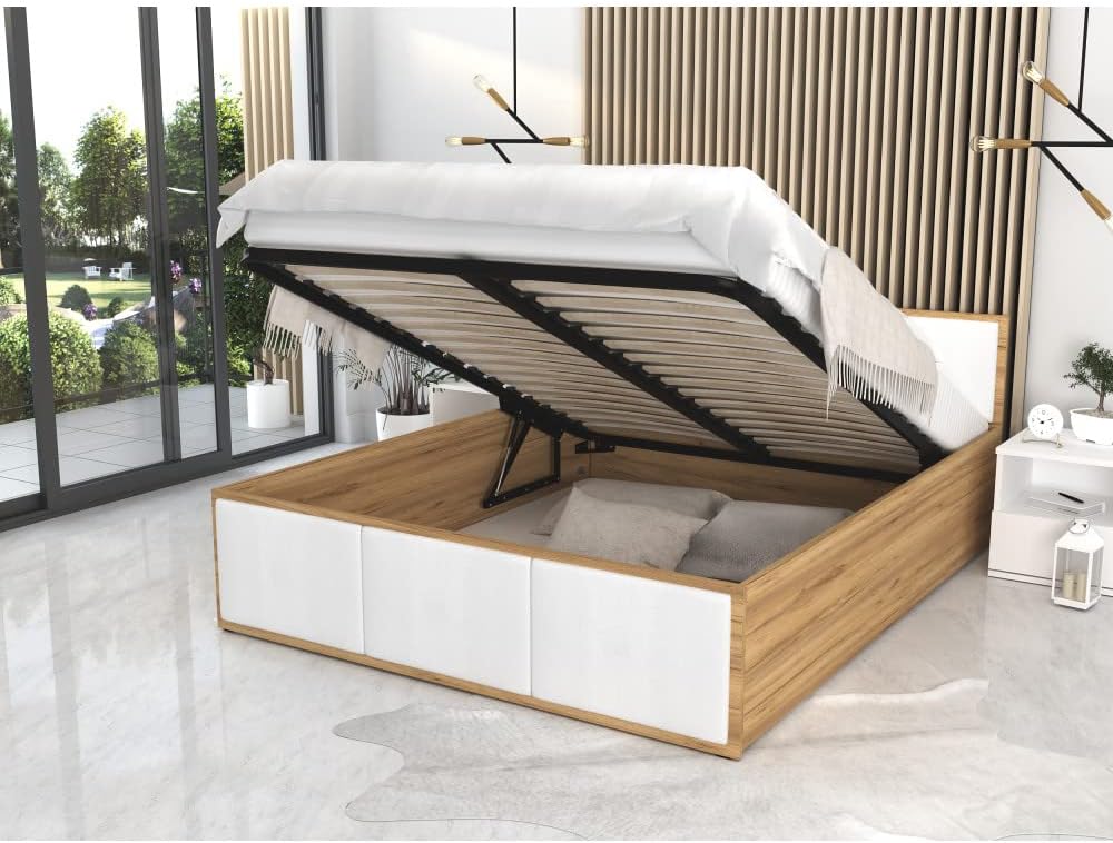 Lit, 140 × 190 cm, KIDS LITERIE, 195 × 145 × 41 cm, 81 cm, Blanc, Sommier inclus Chêne