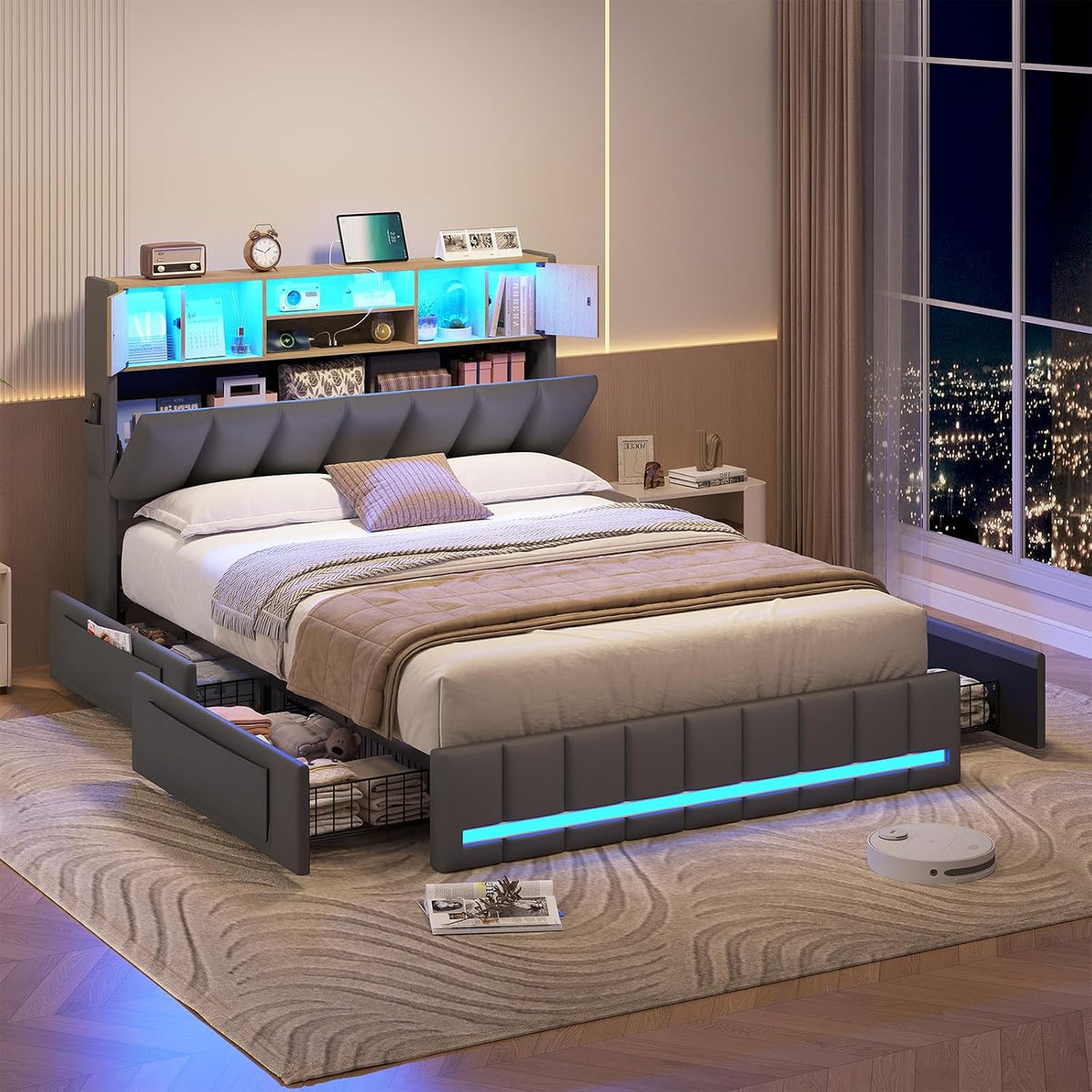 Lit, 4 Tiroirs, télécommande, KIMENICH, éclairage LED, réglable, Gris, minuterie