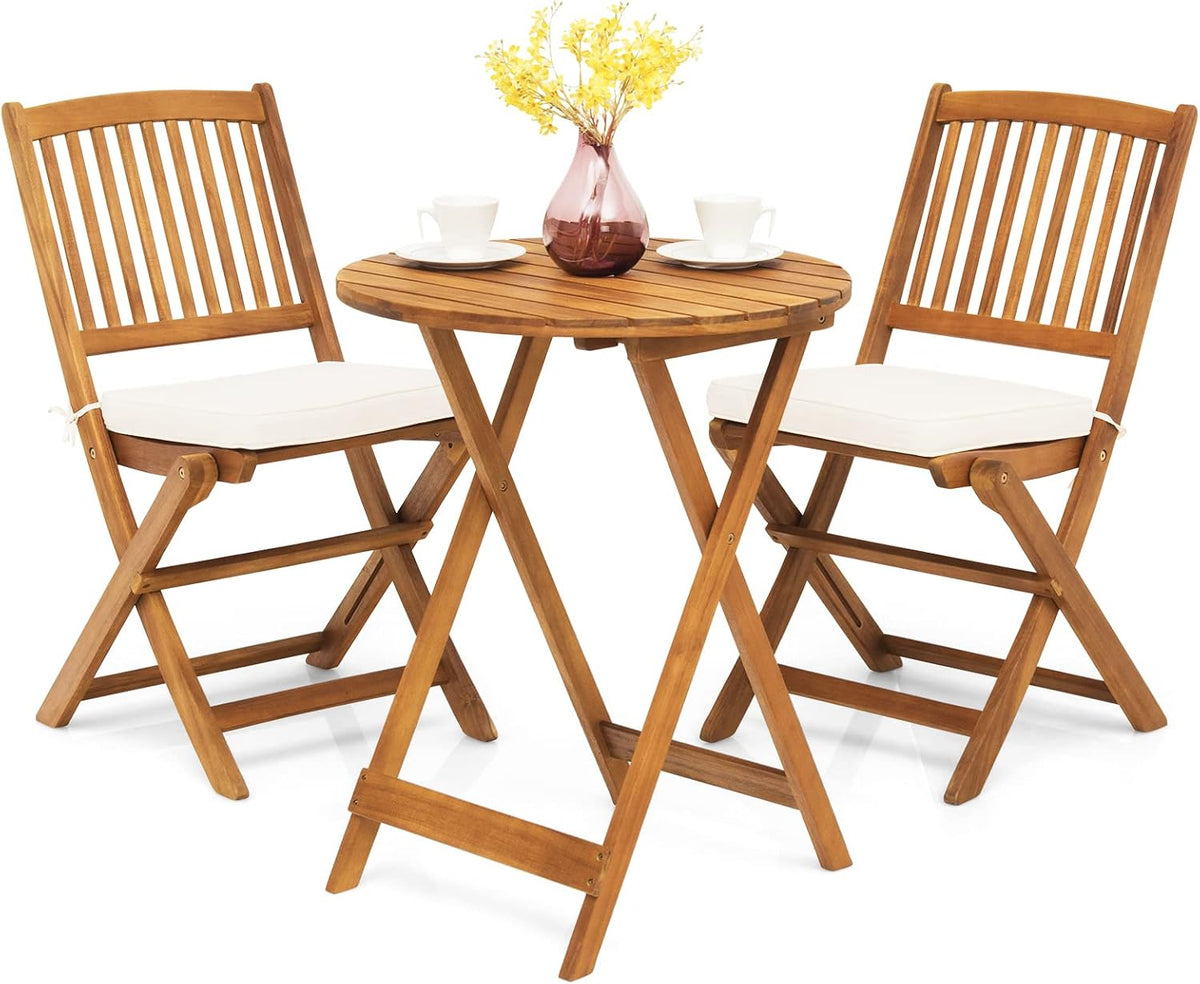 GIANTEX bistro, pliable, Salon de Jardin 2 Personnes en Bois d'Acacia, 2 Coussins Amovibles, Table de Jardin Extérieur avec Chaise Plaintes