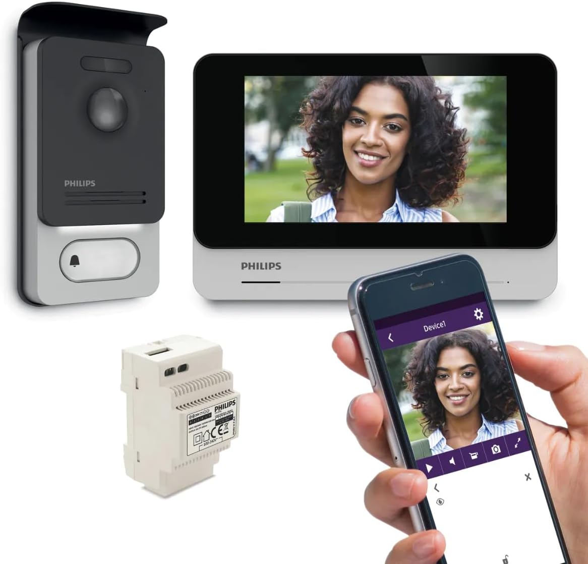 PHILIPS Interphone, WelcomeEye Connect 2 Visiophone 2 Fils avec Transformateur, 7 pouces, Wi-Fi