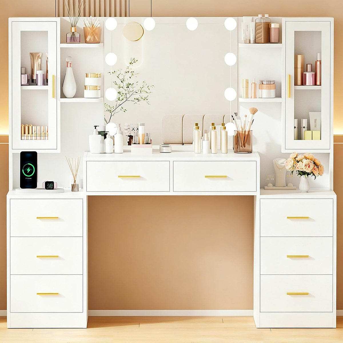 Coiffeuse, 3 modes, éclairage LED, ANWBROAD, 150cm, 150 × 40 × 135cm, 8 TIROIRS, réglable, Blanc