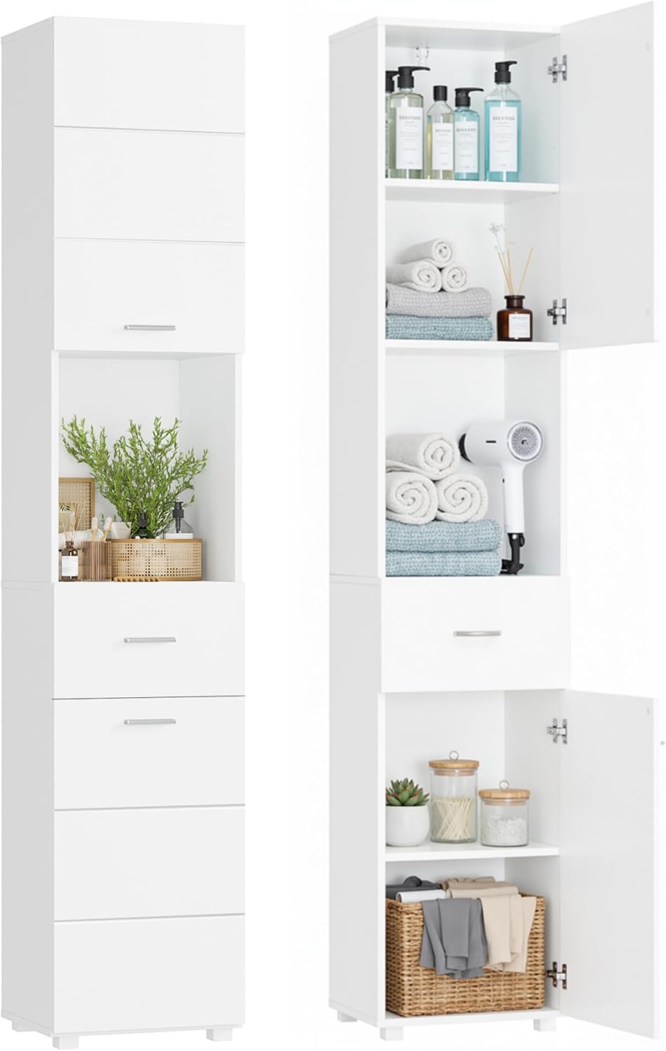 Meuble colonnes, 37 × 30 × 180 cm, FOREHILL, 30 cm, 40 cm, 90 cm, Meuble Colonne Salle de Bain 180cm Armoire de Salle de Bain Blanc