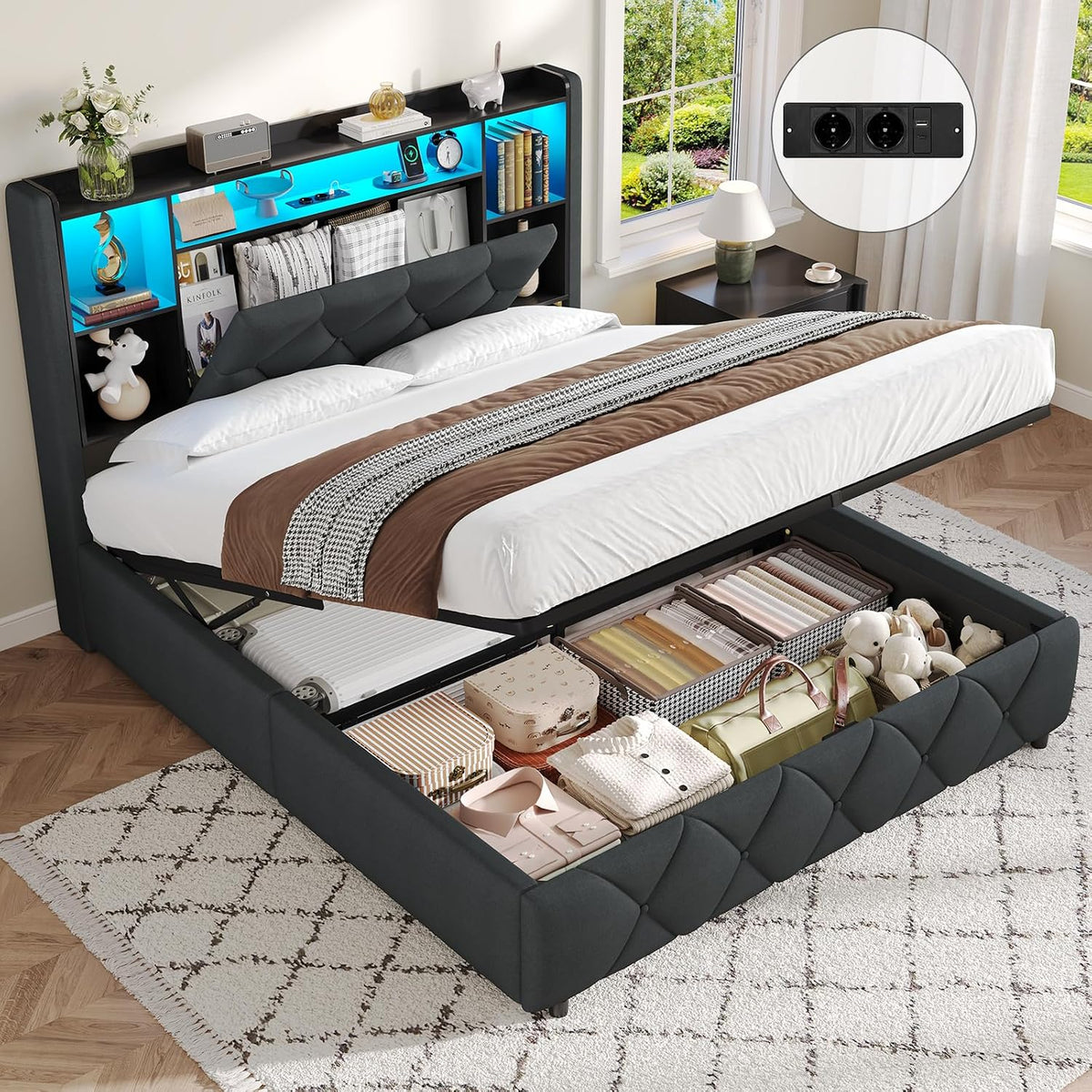 Lit, télécommande, 140 × 200 cm, Brinlawb, 30 cm, 140 cm, éclairage LED, Système Hydraulique, Gris, minuterie