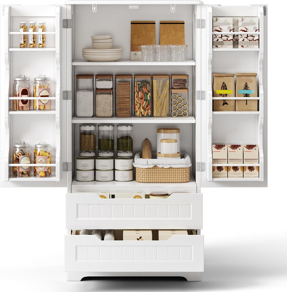 Buffet, 60 × 40 × 120cm, Armoire de Rangement de Cuisine, Bealife, 2 Tiroirs, 2 Portes, Blanc, Meuble de Rangement pour Cuisine, Salle de Bain