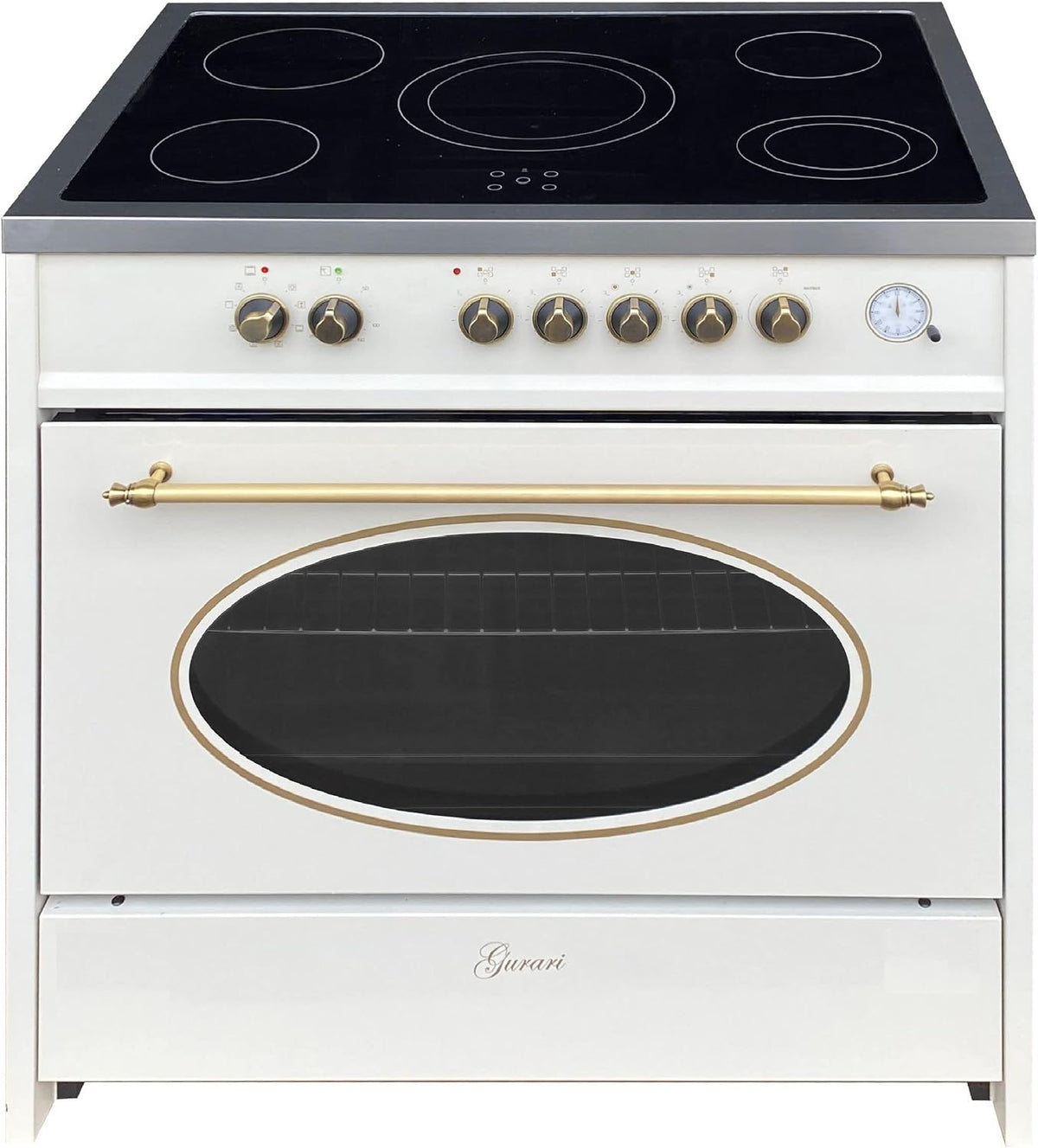Cuisinière, 90 cm, éclairage LED, Gurari, 121 L, 61, 5 × 90 × 94 cm, 3 cm, Rétro sur pied 90 cm, 8 fonctions, 5 zones, réglable, minuterie