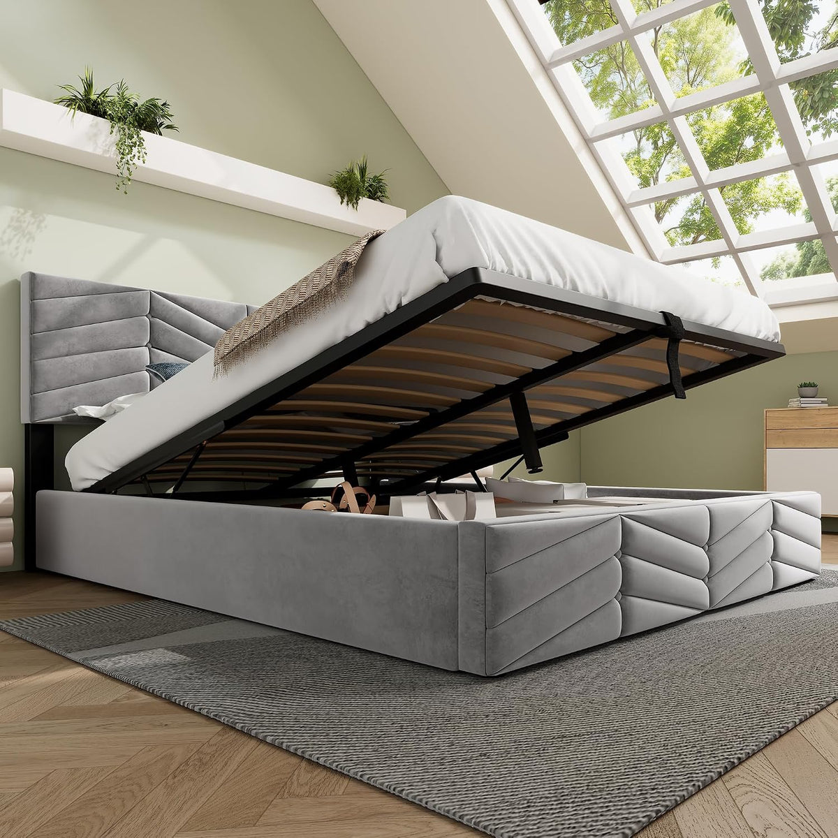 Lit Zepneiy 140x190, 140 × 190 cm, réglable, 5 cm, 3 cm, avec à Lattes, Cadre de Rembourré Moderne en Velours Gris, sans Matelas