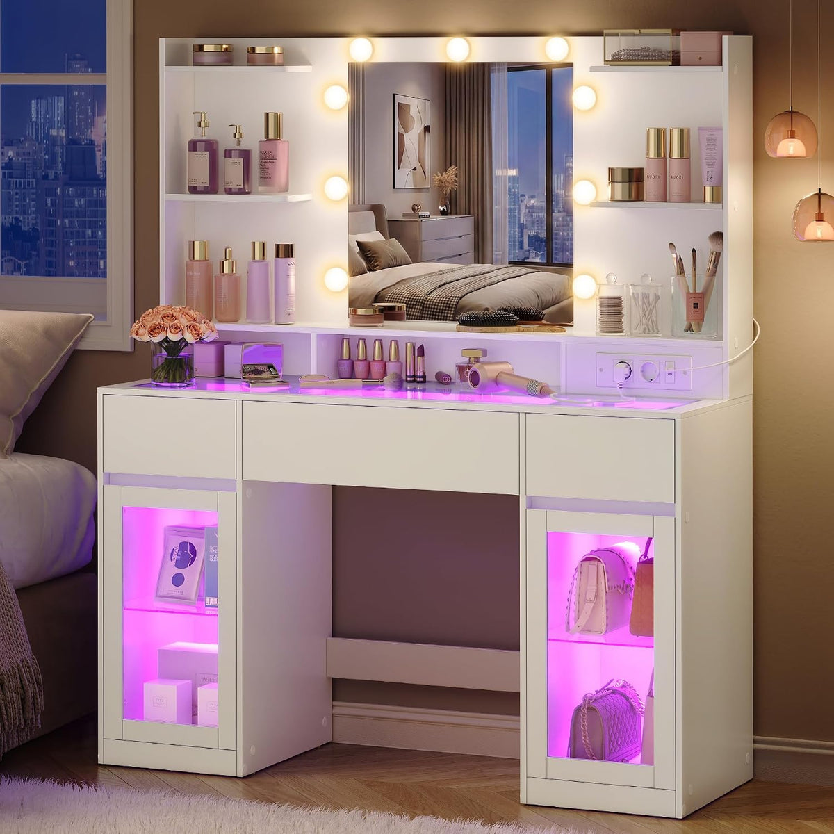Coiffeuse, éclairage LED, 107 × 40 × 144, 5 cm, verre, Chambre, VASAGLE, 107 cm, RDT145WB01, 230V, Collection Kailyn RDT145WB01, Blanc, Prises