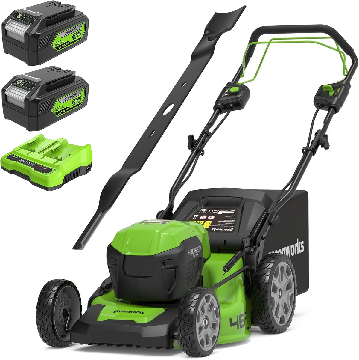 Tondeuse Greenworks 2x24V GD24X2LM46SPK4X, 46 cm, 25 cm, 80 mm, 46cm, 4Ah, 1875W, Largeur de Coupe 46cm