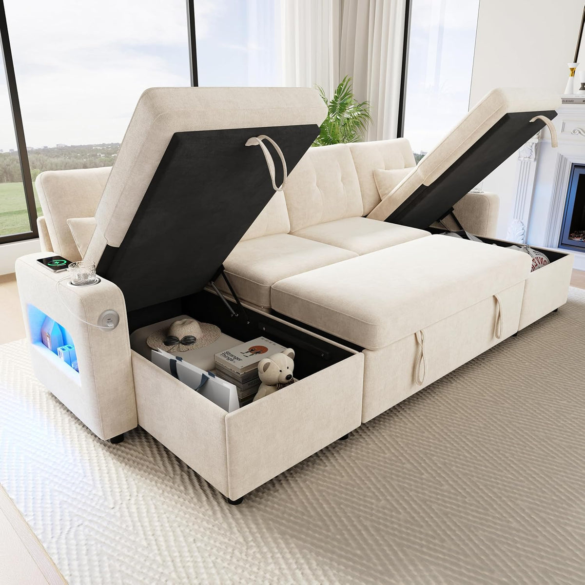 Canapé, acier inoxydable, 266 × 131 × 85 cm, télécommande, Sapgaks, éclairage LED, réglable, Beige