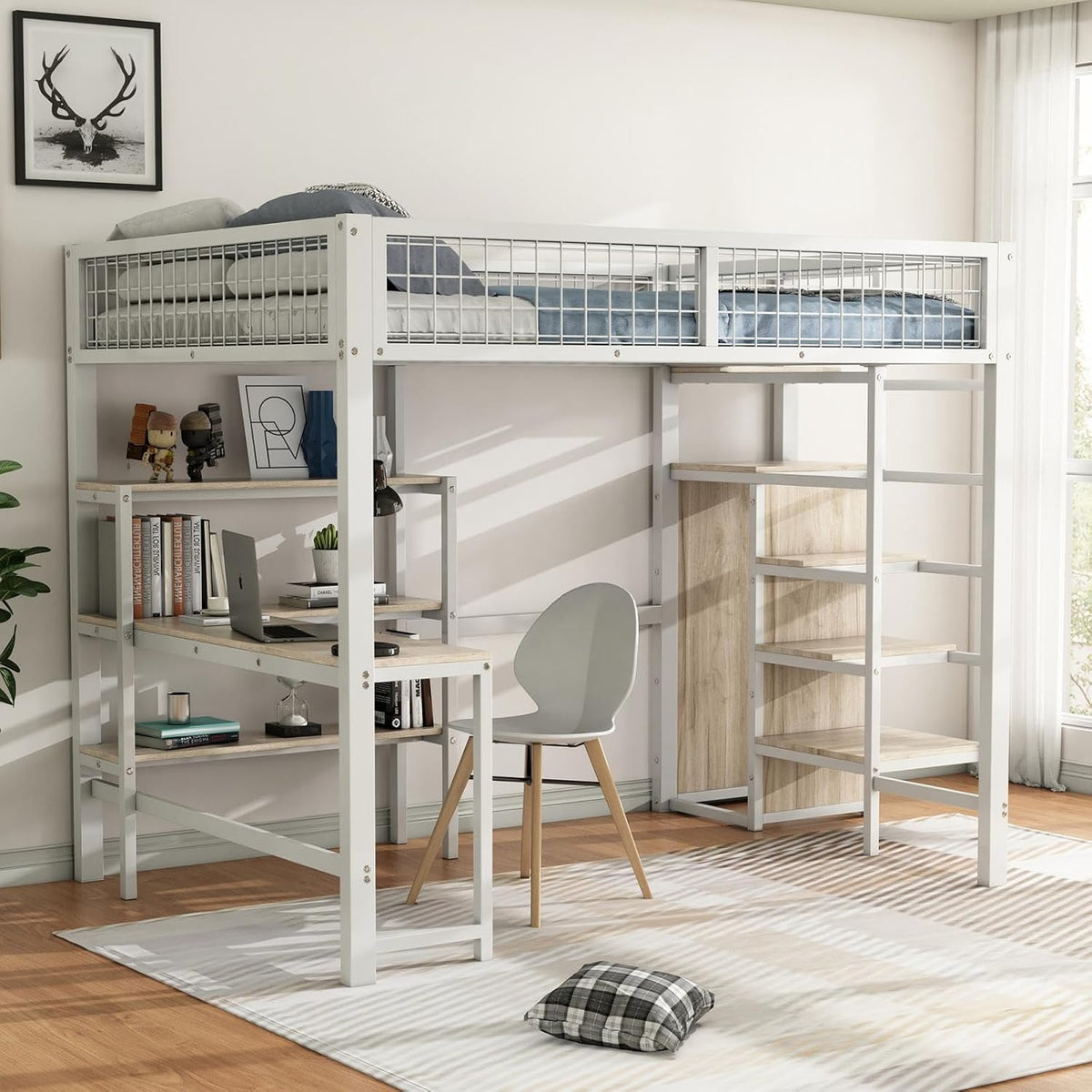 Cadre de lit PUGSDRLY 140x200cm, pour Adolescent et Adulte, Lit Mezzanine 2 Places, 140 × 200cm, Blanc, Escalier