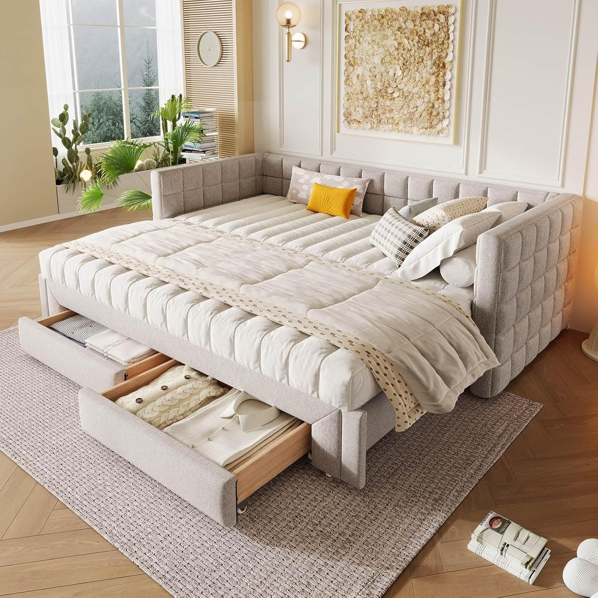 Canapé, Tissu Velours, 180 × 200cm, sans Matelas, PUGSDRLY, 2 Tiroirs, capitonné, sommier à Lattes, Beige-B