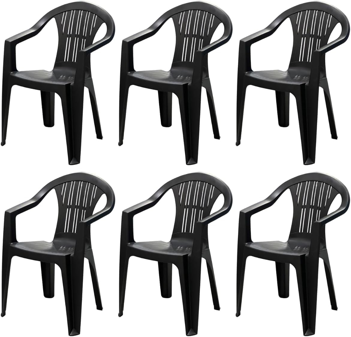 Chaise de jardin, 56 × 55 × 78 cm, Lot de 6 Chaises en Résine Extérieur, avec Accoudoirs, Tomaino, Noir, Empilable, Camping, Bar