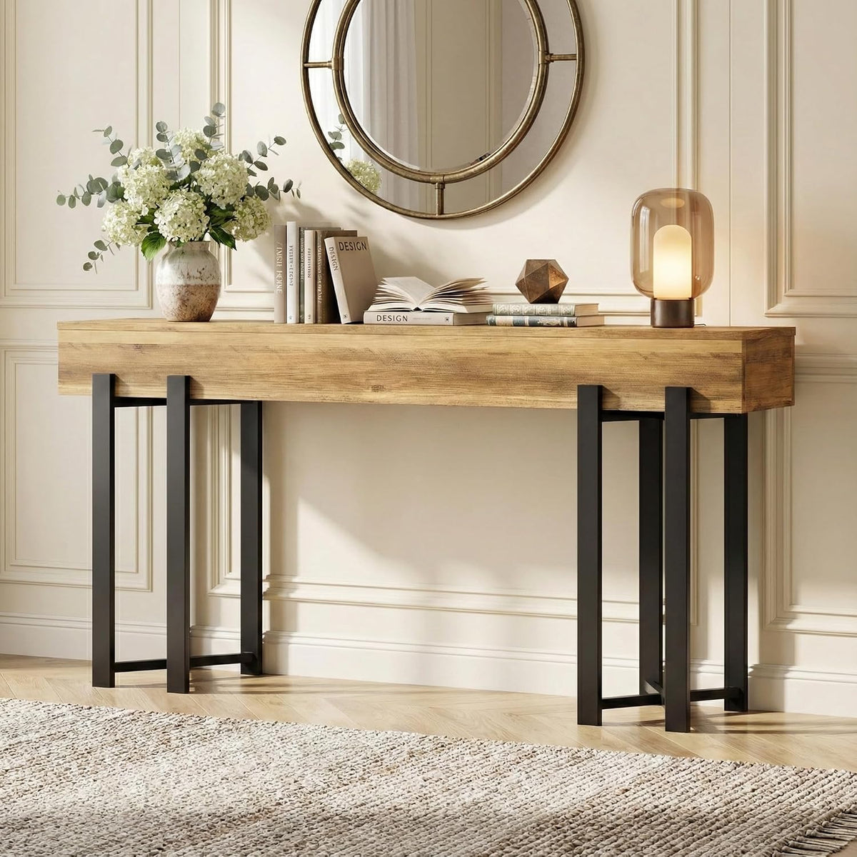 Console Lailang, 160 × 30 × 80 cm, Meuble Industriel Bois Metal, 160 cm, 30 cm, 160cm, Chêne Noir, Meuble Entrée Couloir