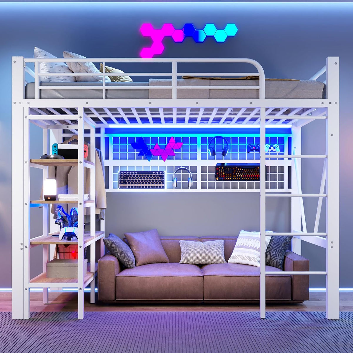 Lit Yihomfy, avec Bureau, 90 × 200 CM, réglable, échelle latérale avec rambarde, Blanc-I, étagères.