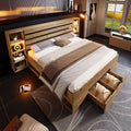 Cadre de lit, Lit Double en Bois Massif, Lit 160×200 avec sommier à Lattes avec LED et Port USB, télécommande, Sapgaks, éclairage LED