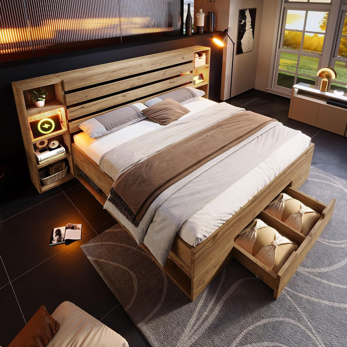 Cadre de lit, Lit Double en Bois Massif, Lit 160×200 avec sommier à Lattes avec LED et Port USB, télécommande, Sapgaks, éclairage LED