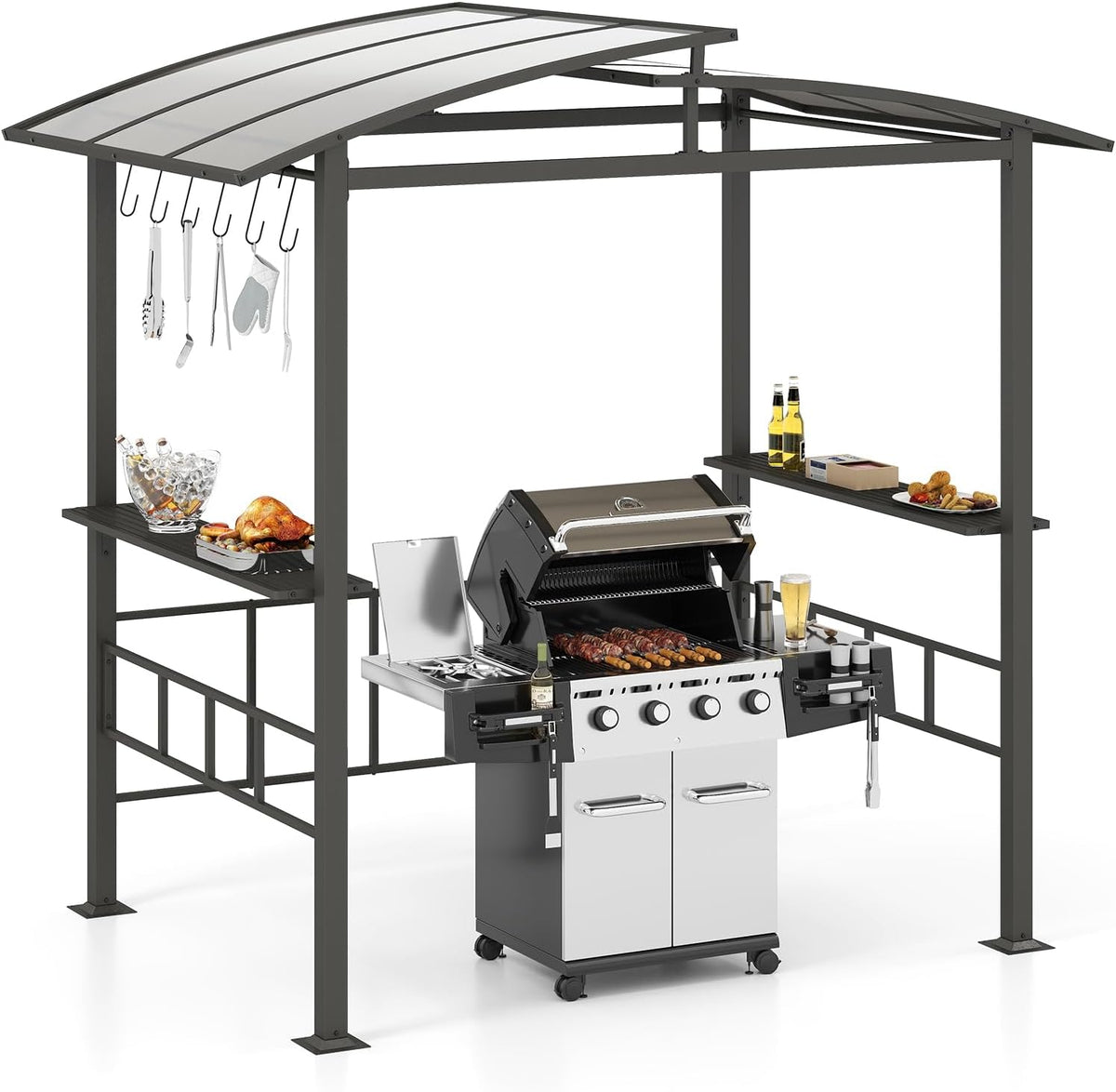 Tonnelle COSTWAY, Abri Barbecue avec Étagères Latérales Crochets Cadre Métallique, 248 × 150 × 232 cm, 248 × 150 cm, 2 étagères