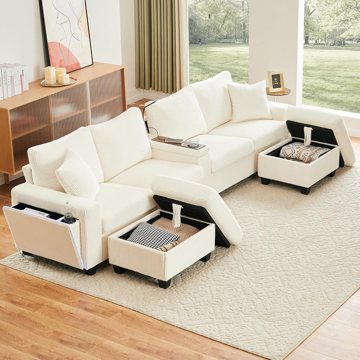 Canapé Yihomfy 334x128 5x81, télécommande, 334 × 128.5 × 81 cm, éclairage LED, Ports USB/Type-C, Lampe de Lecture et Rangements