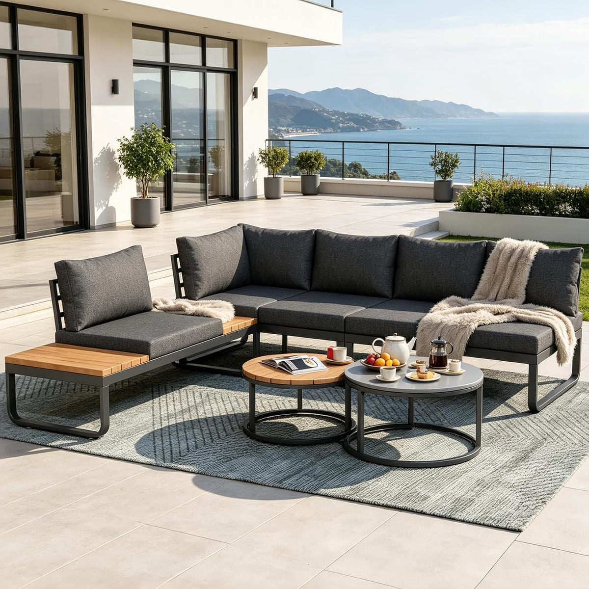 luckdect Salon de jardin, réglable, verre, 10 cm, Ensemble de Mobilier de Jardin pour 4-5 Personnes, 1 Chaise et 2 Tables Basses