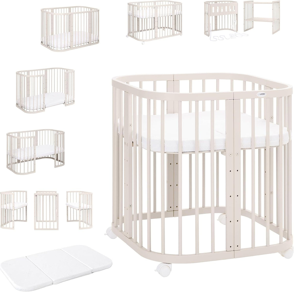 Lit waldin 7en1, 77, 5 × 50 cm, réglable, 6 cm, 75 cm, 81 cm, 77, 5 cm, 127, 5 cm, 49 cm, 5 niveaux, Matelas et roulettes, Étagère