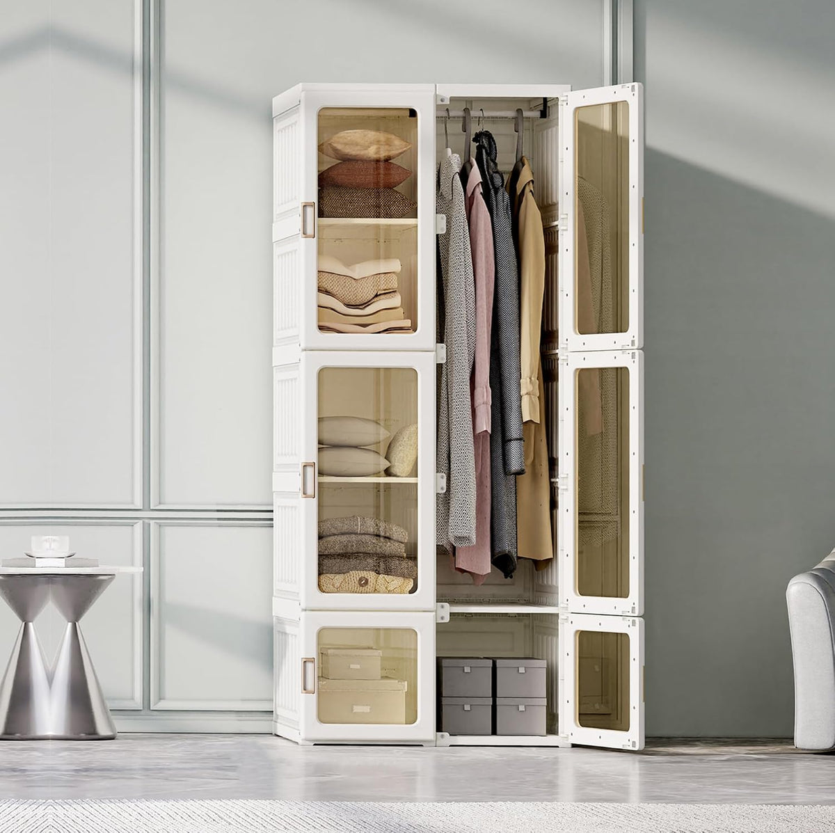 Armoire, Penderie Pliable en Plastique avec 6 Portes et 1 Tringle à vêtements, QMTXBYJ, 170 × 69 × 50 cm, 4 étagères