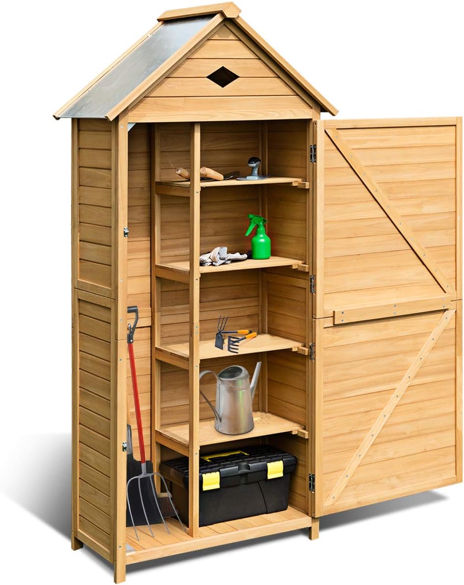 Abri de jardin, Bois, Armoire de Jardin Remise pour Outils, avec 5 Étagères, 80 × 45 × 176 CM, DREAMADE, 10 mm, Balcon ou Terrasse, Jaune