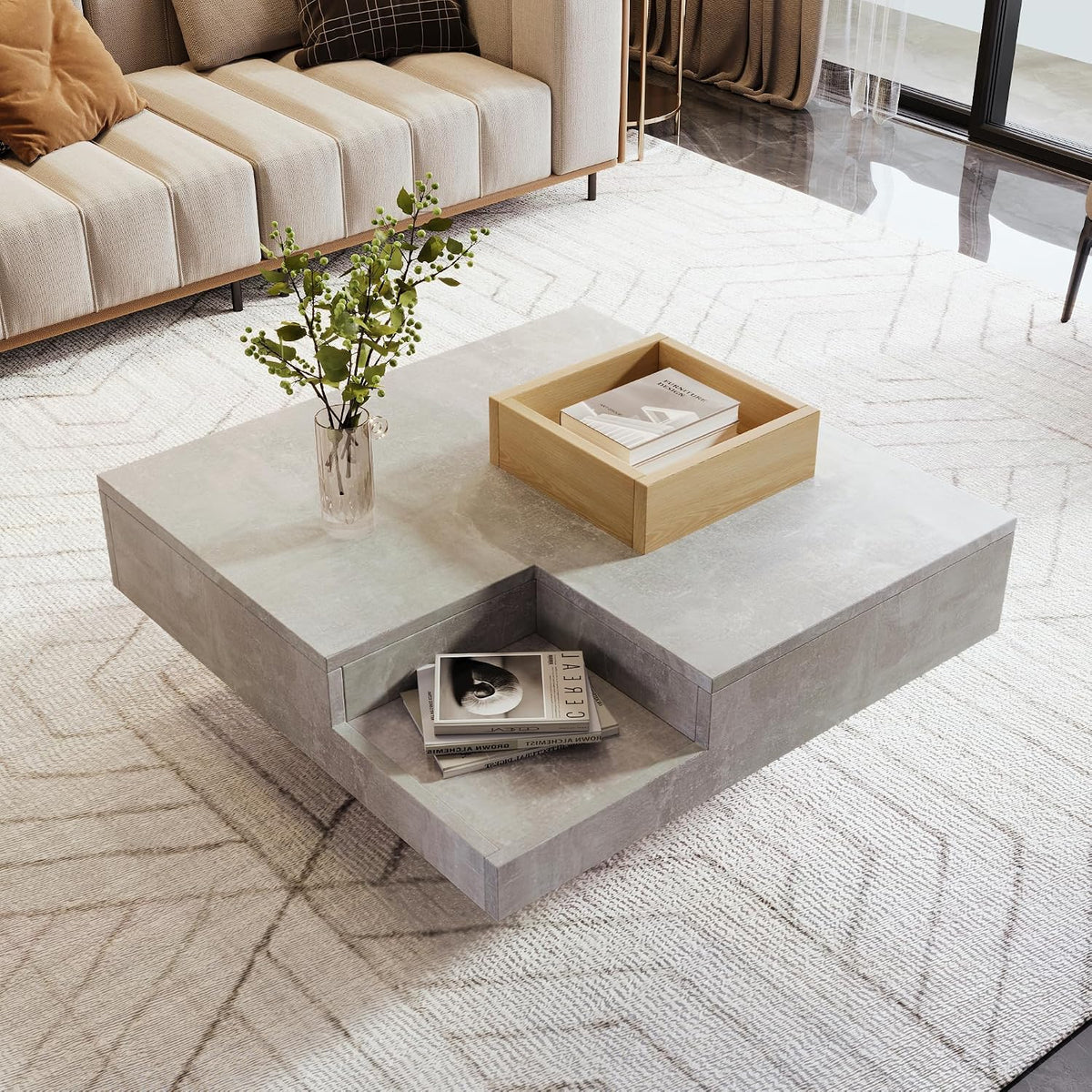 Table basse, éclairage LED, 72 × 72 × 30 cm, Bois & Gris, BTM, 72 L, 72 W, 72 × 72 × 30cm, 30kg, Moderne Design avec Boîte de Rangement Amovible